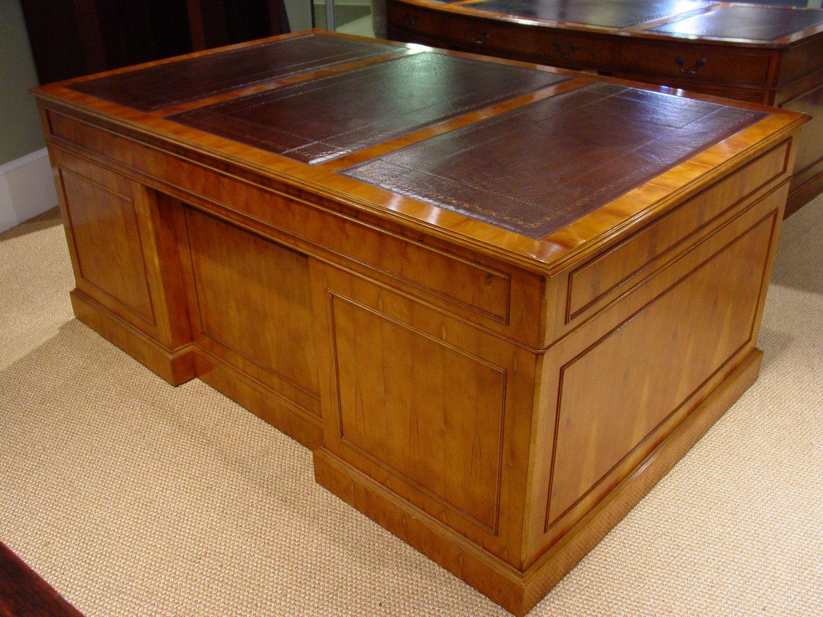 Yew Wood Pedestal Desk Leather Top
